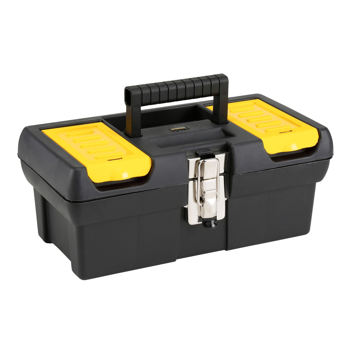 Boîte à outils Stanley, noire et jaune, poignée robuste, fermeture métallique