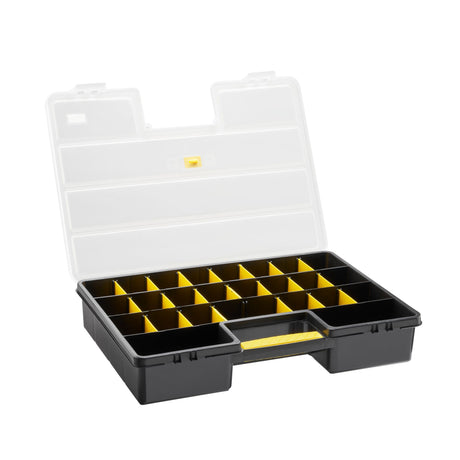 Boîte de rangement Stanley, organiseur à compartiments, noir et jaune, couvercle transparent