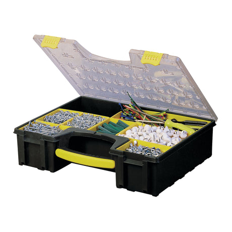 Boîte de rangement Facom, noire et jaune, type organiseur, couvercle transparent