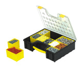 Boîte de rangement Facom, organiseur noir et jaune avec visserie, couvercle transparent