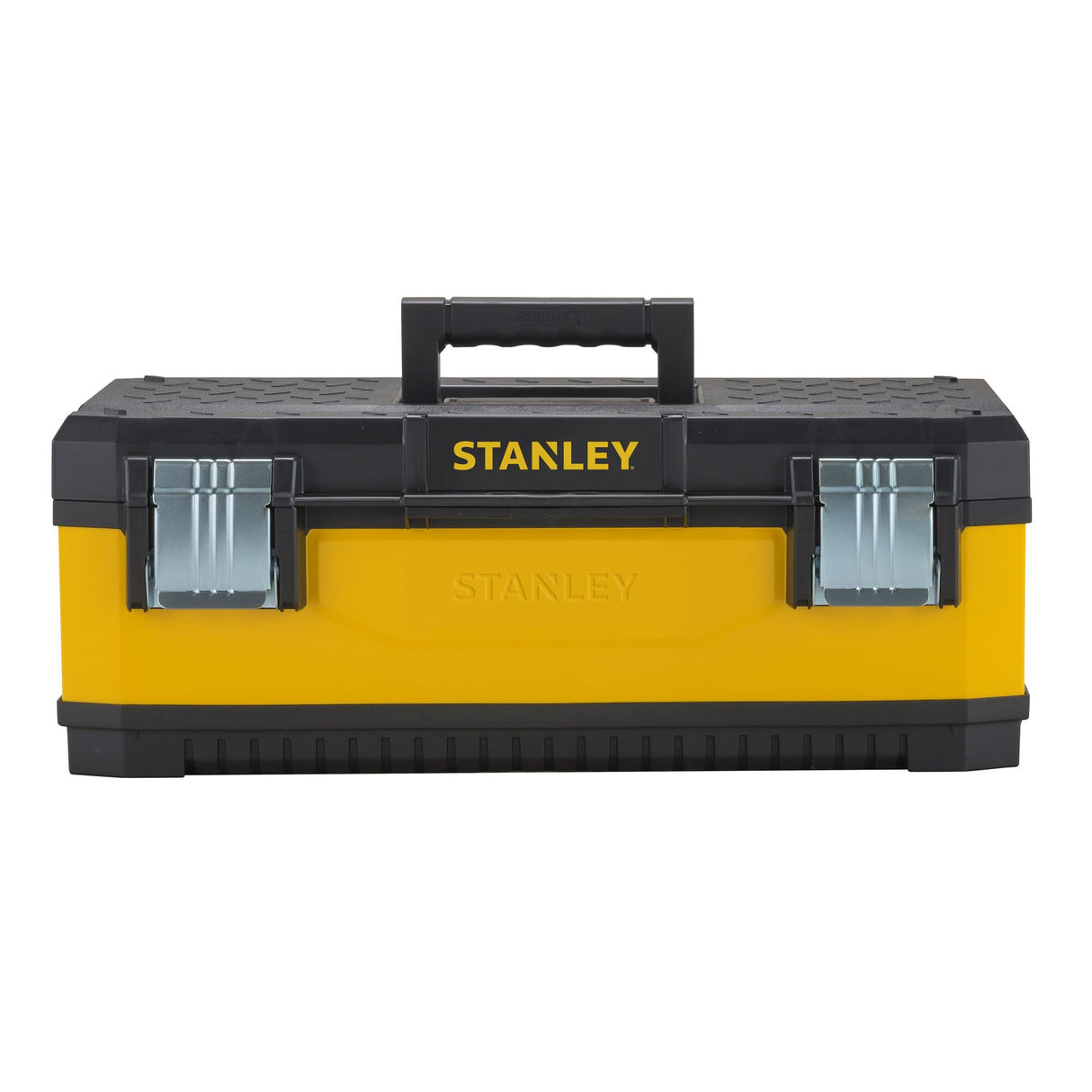 Boîte à outils Stanley, noire et jaune, outillage, verrouillages métalliques.