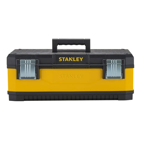 Boîte à outils Stanley, noire et jaune, outillage, verrouillages métalliques.