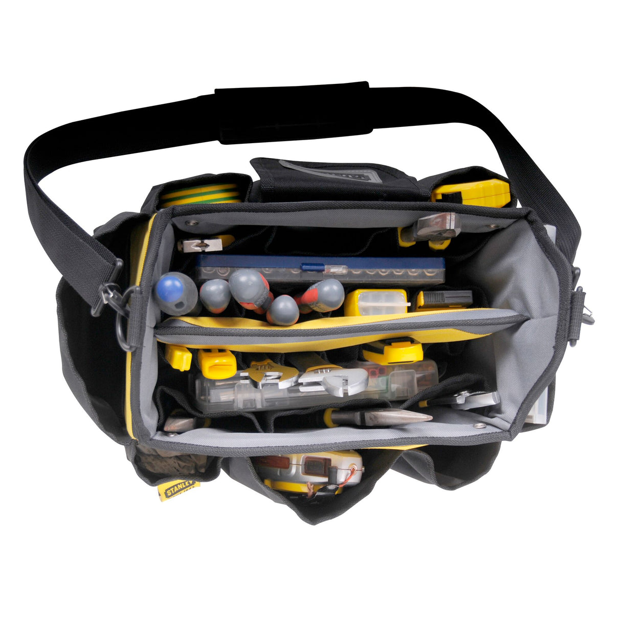 Sac à outils Stanley, type sacoche, couleur noire et jaune, rempli d’outils.