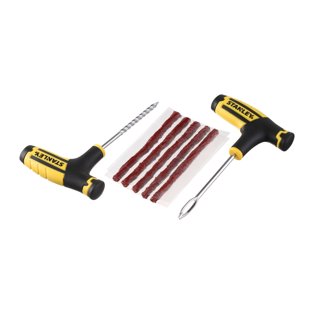 Kit réparation pneu Stanley, outillage noir et jaune avec mèches brunes