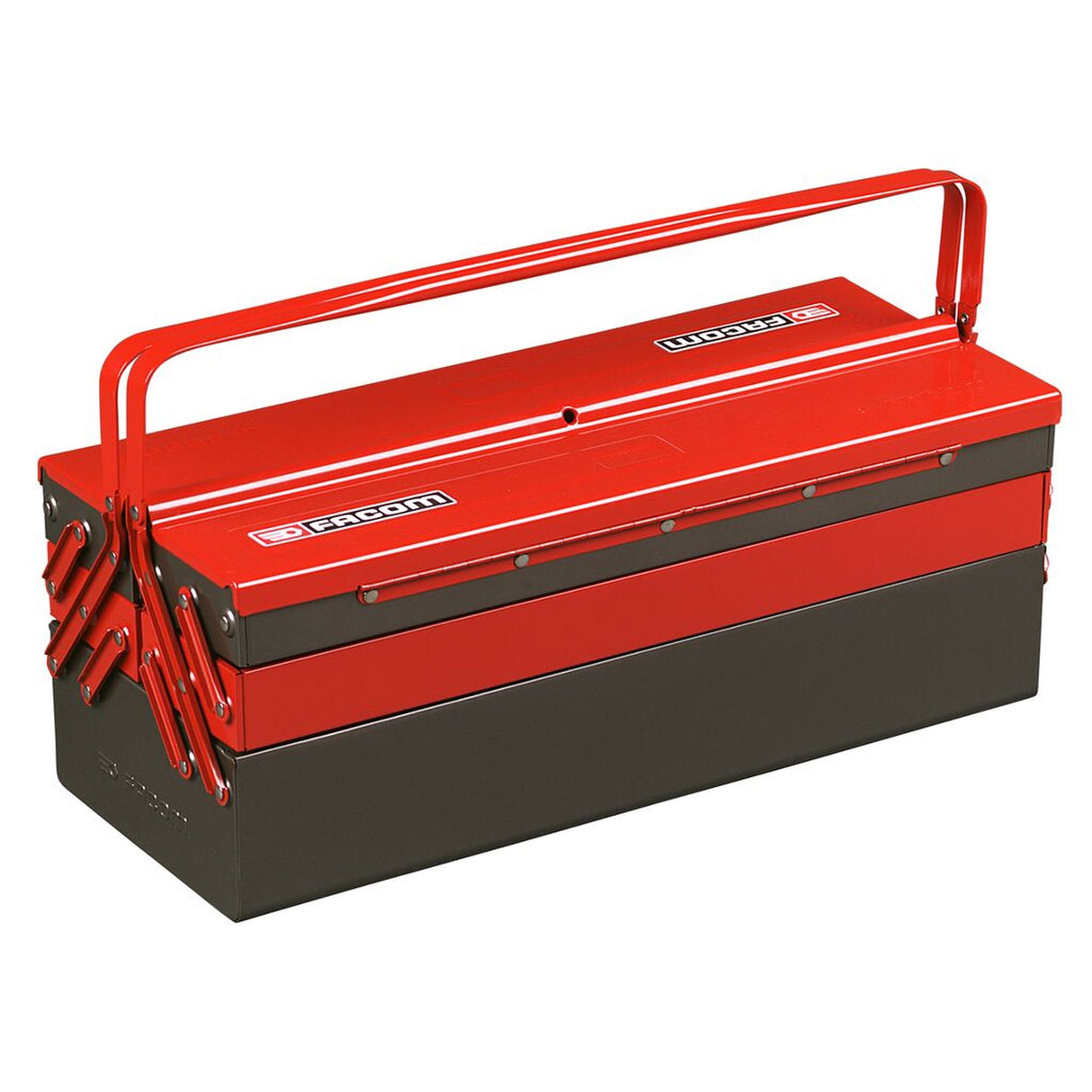 Boîte à outils Facom en métal rouge et noir, poignée pliable, solide et spacieuse.