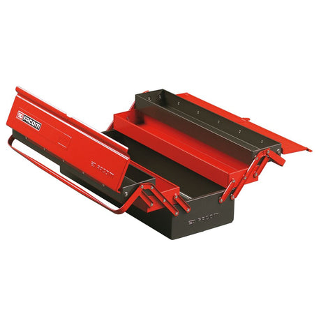 Boîte à outils Facom métallique rouge et noire, coffret à compartiments dépliants.