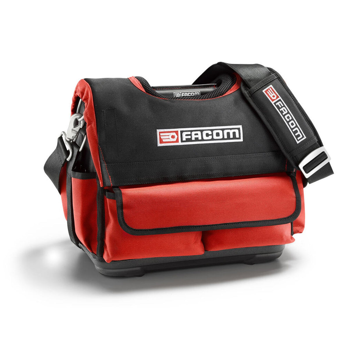 Sac à outils Facom, type sacoche, couleur rouge et noir, avec bandoulière renforcée.