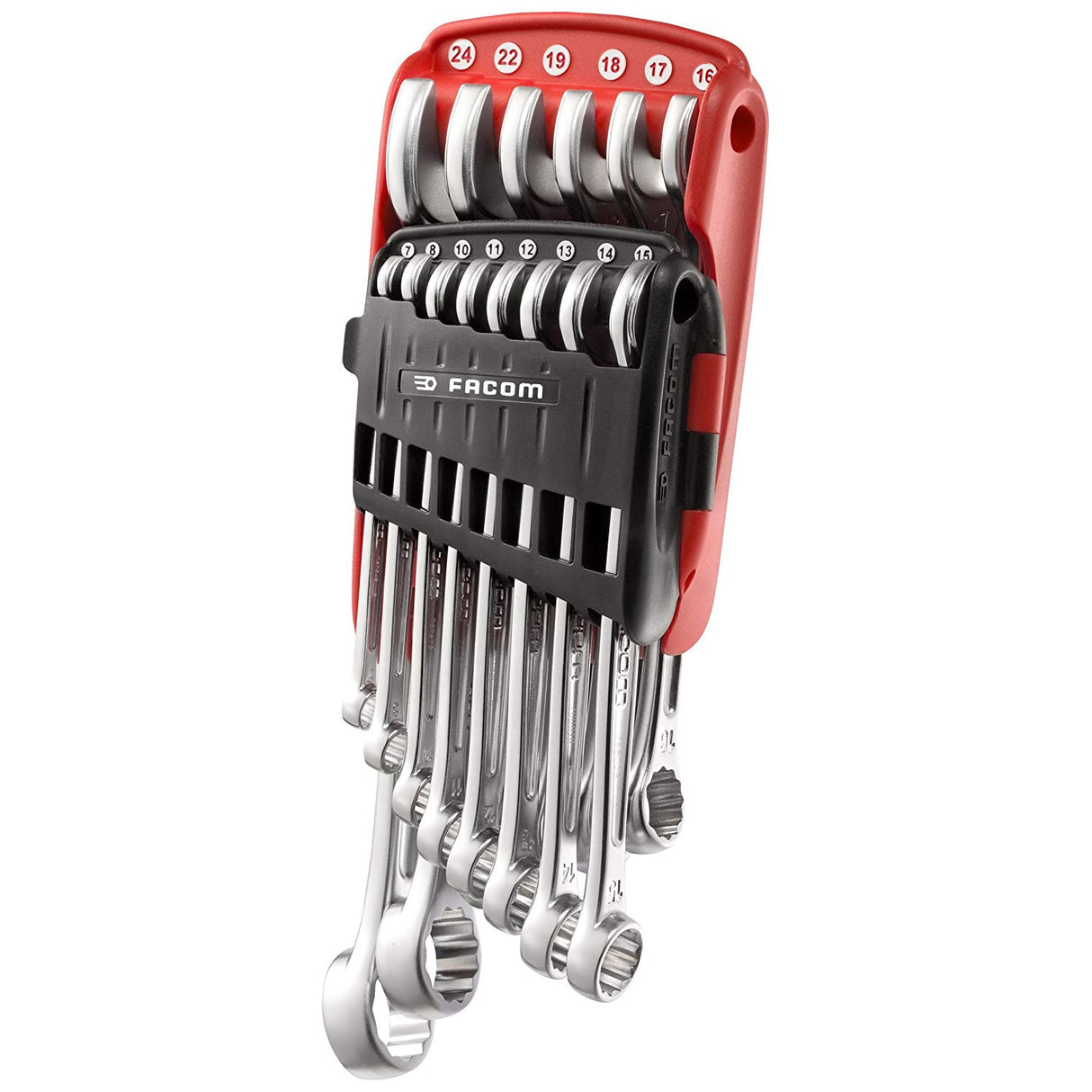 Jeu de clés mixtes Facom, outillage métal argenté, coffret noir et rouge.