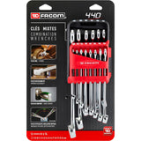 Coffret de clés mixtes Facom, set de 14 clés plate et polie couleur argent avec support rouge.