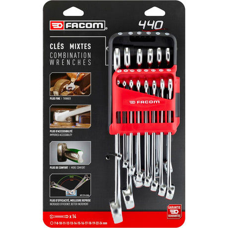 Coffret de clés mixtes Facom, set de 14 clés plate et polie couleur argent avec support rouge.