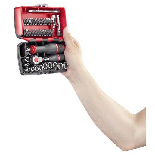 Coffret d’outils Facom, jeu de douilles et embouts, couleur rouge et noir.