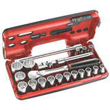 Coffret à douilles Facom, outillage chromé, couleur rouge et noir.