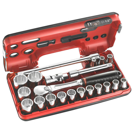 Coffret à douilles Facom, outillage chromé, couleur rouge et noir.