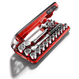 Coffret d’outils Facom, clé à cliquet, douilles, couleur rouge et noir.
