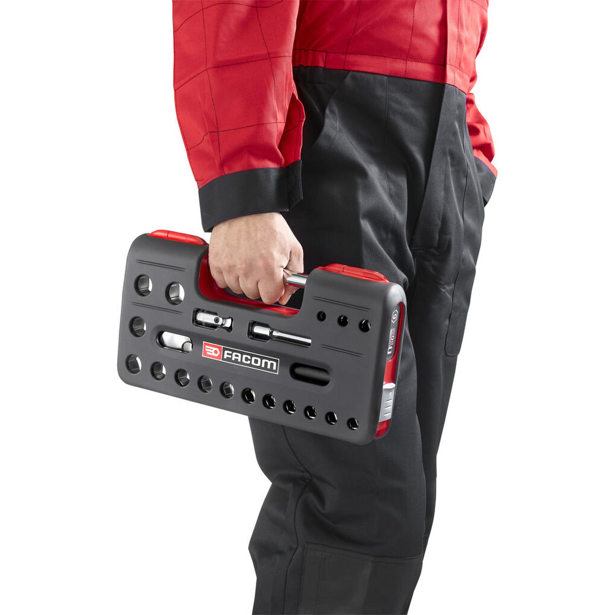 Mallette à outils grise et rouge Facom, coffret de rangement, tenue dans une main