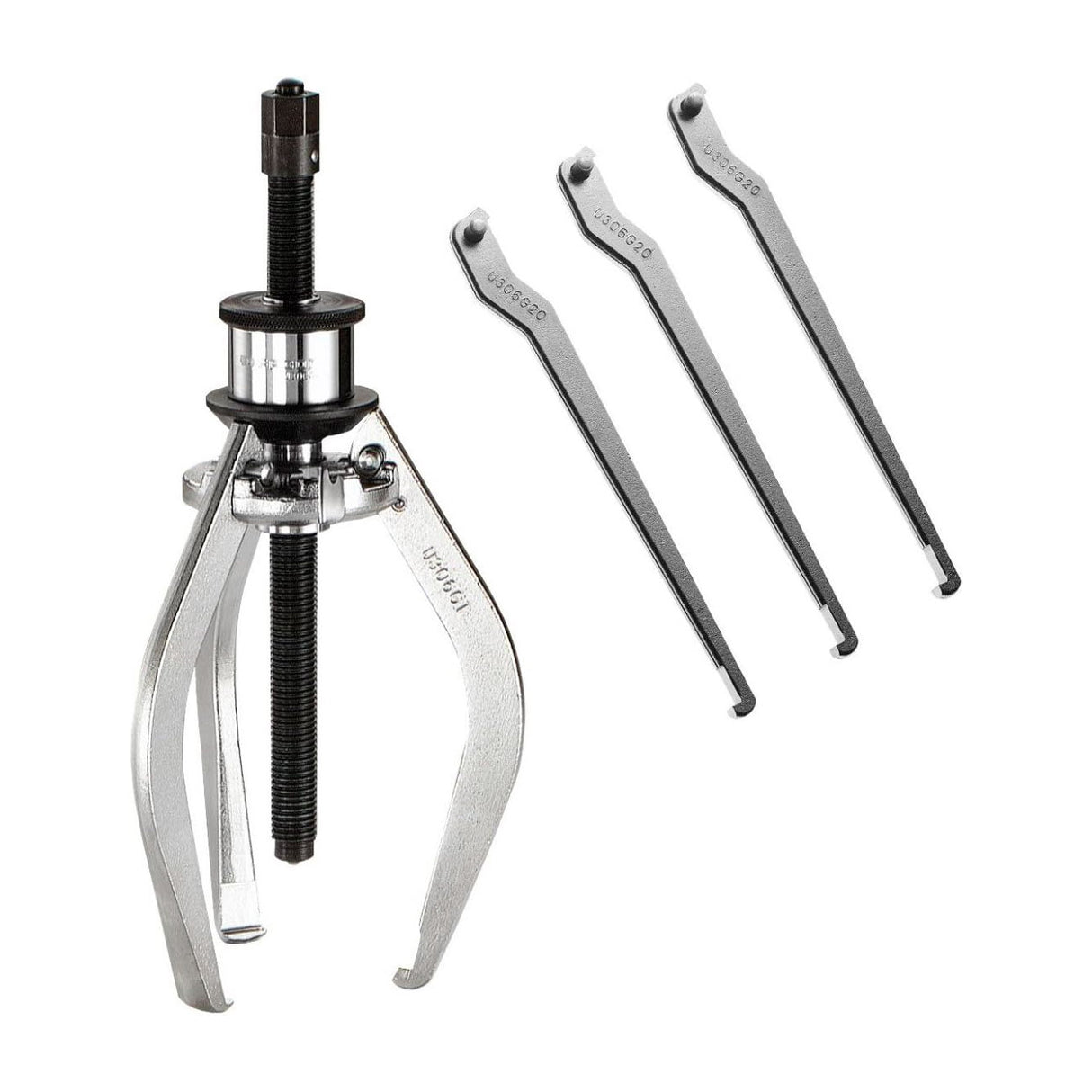 Extracteur à trois griffes Facom, outillage métal argenté avec bras interchangeables.