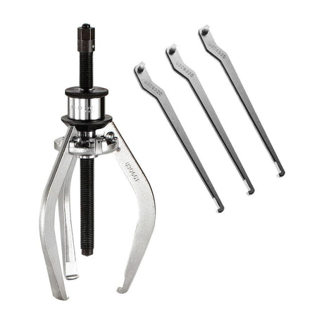 Extracteur à trois griffes Facom, outillage métal argenté avec bras interchangeables.
