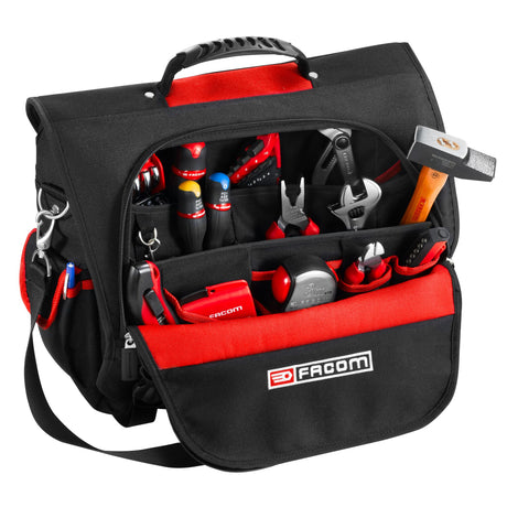 Sac à outils Facom noir et rouge rempli d'outils, type sacoche professionnelle