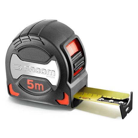 Mètre ruban Facom, outil de mesure noir et rouge, longueur 5m, lame jaune.