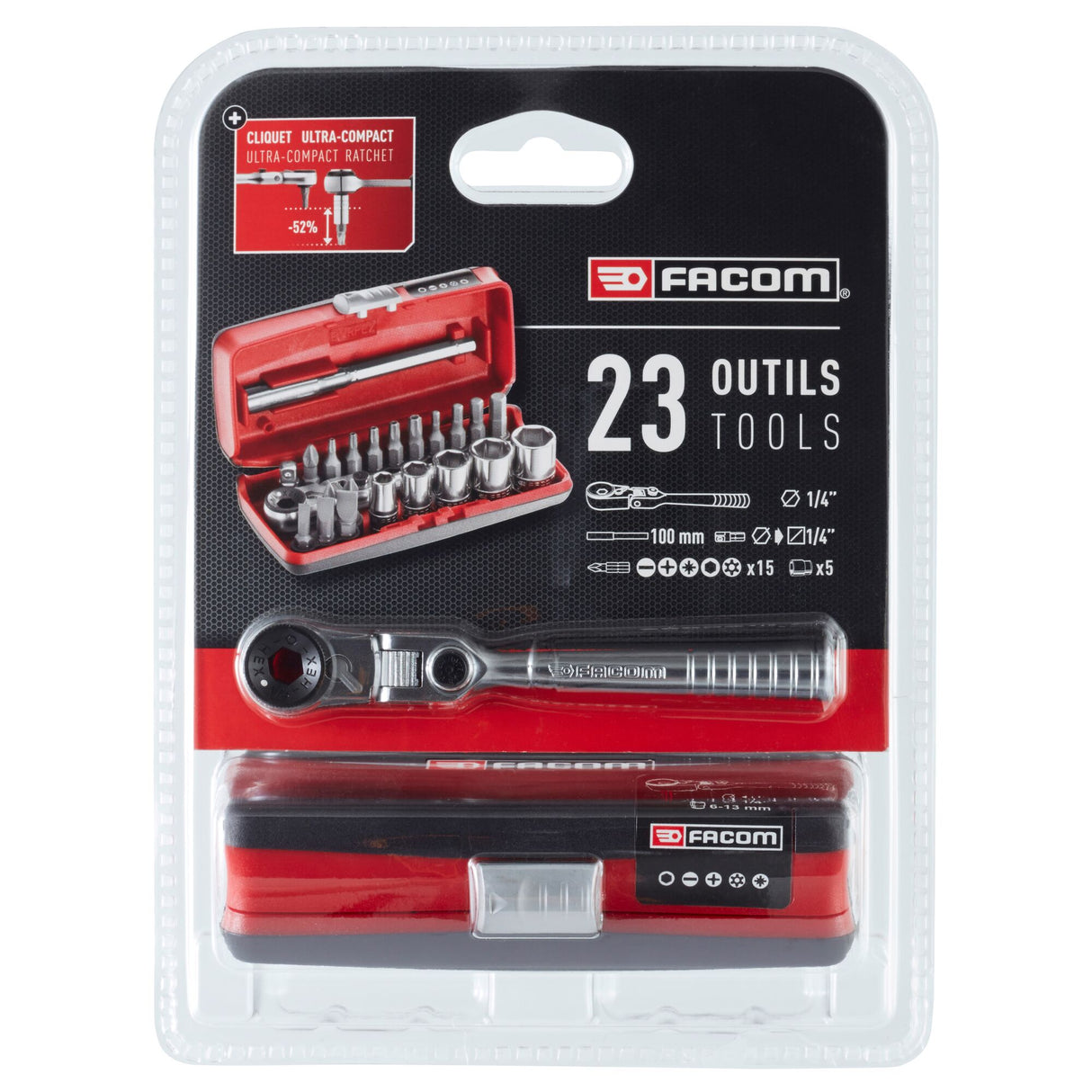Coffret d’outils Facom, 23 pièces, trousse à cliquet, couleur rouge et noir.