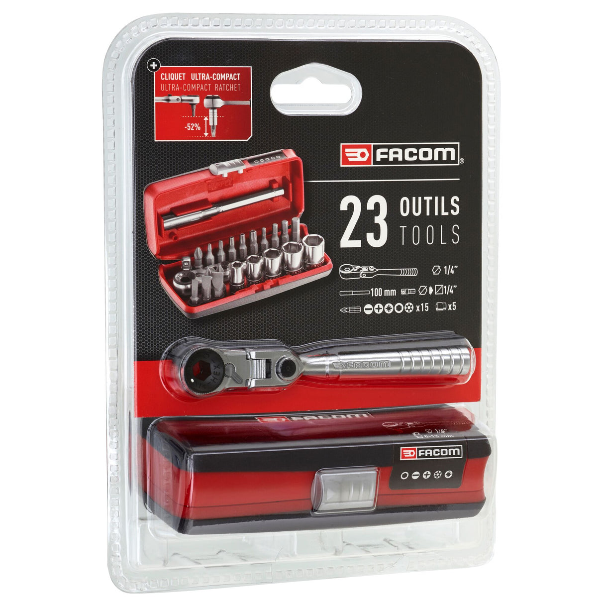 Coffret outils Facom, clé cliquet, métal et rouge, set 23 pièces.