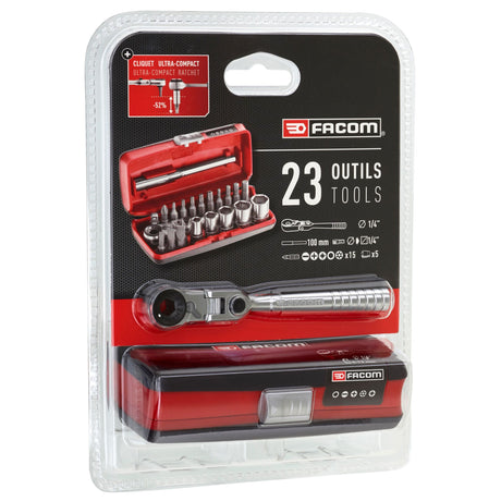 Coffret outils Facom, clé cliquet, métal et rouge, set 23 pièces.