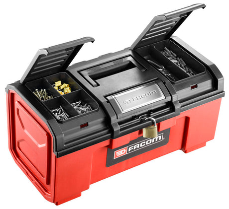 Boîte à outils Facom rouge et noire, plusieurs compartiments ouverts, plastique.