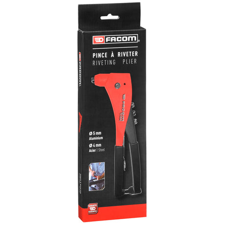 Pince à riveter Facom rouge et noire, outil main, emballage carton, outillage professionnel.