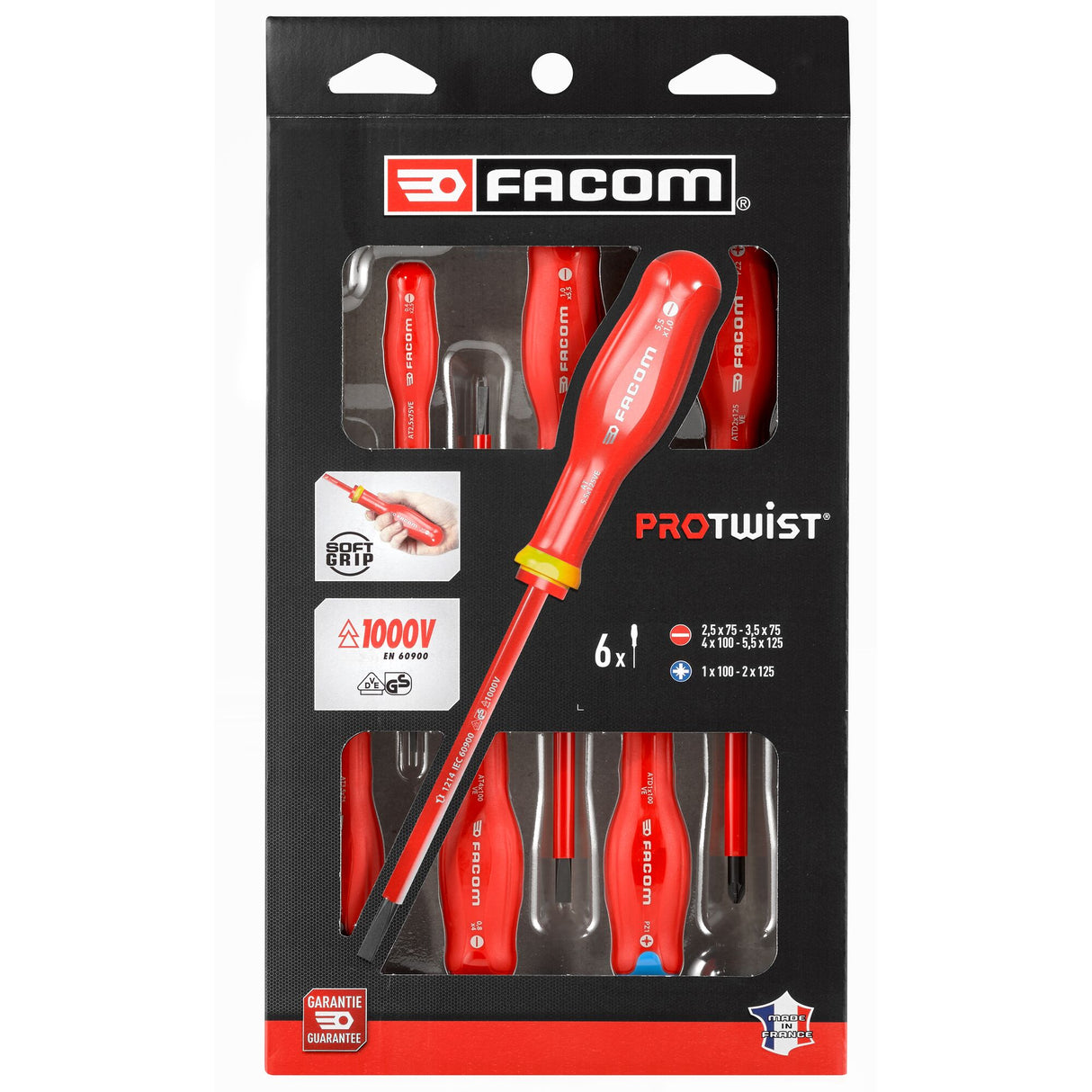 Coffret de tournevis Facom PROTWIST rouges pour électricien, isolés 1000V, 6 pièces.