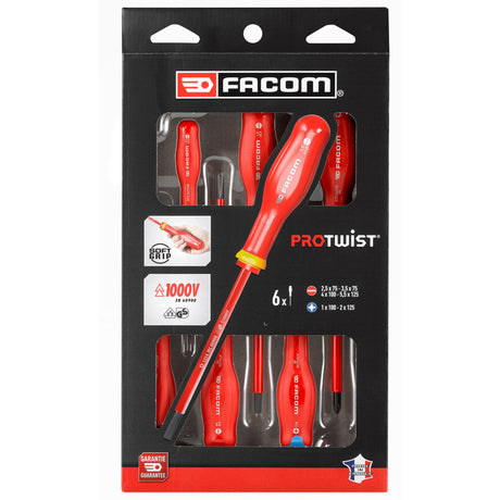 Coffret de tournevis Facom PROTWIST rouges pour électricien, isolés 1000V, 6 pièces.