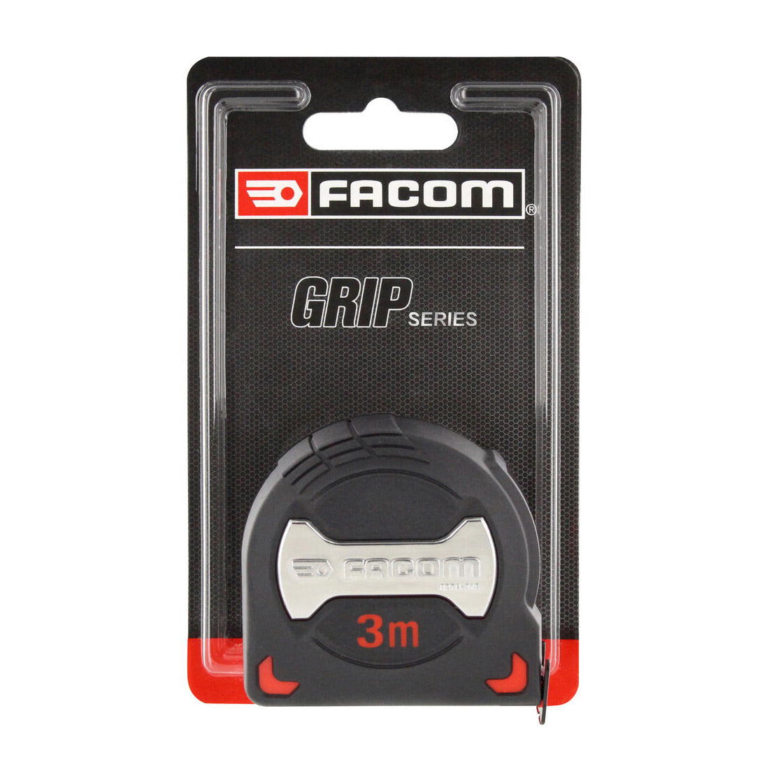 Mètre ruban Facom, outil de mesure noir et rouge, longueur 3 mètres.
