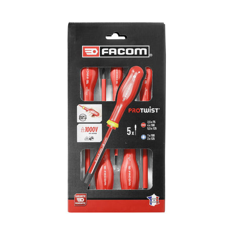 Coffret de tournevis rouges Facom PROTWIST, lot de 5 tournevis isolés.