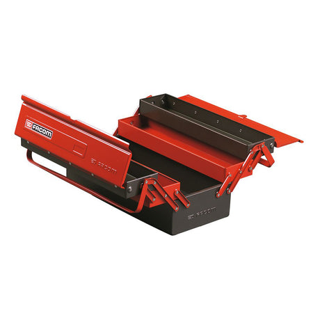 Boîte à outils Facom en métal rouge et noir, ouverte avec plusieurs compartiments