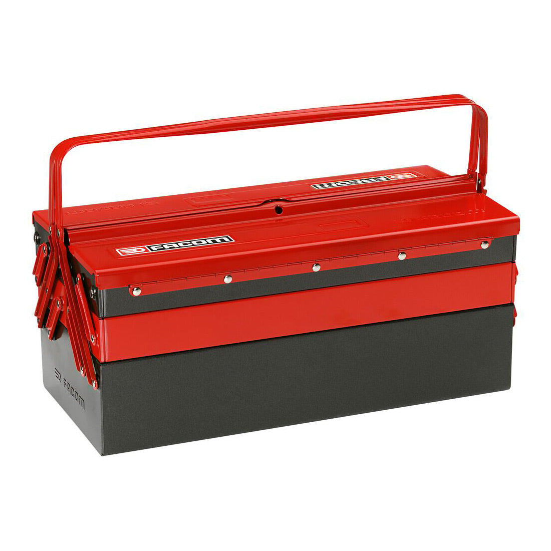 Boîte à outils Facom, métal rouge et noir, poignée supérieure, rangement outillage.
