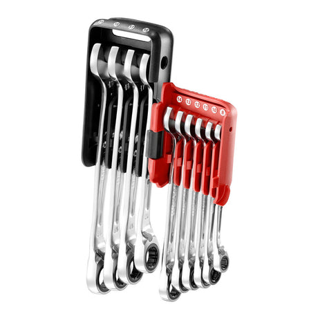 Jeu de clés à cliquet Facom, outillage, couleur argentée, coffret noir et rouge.