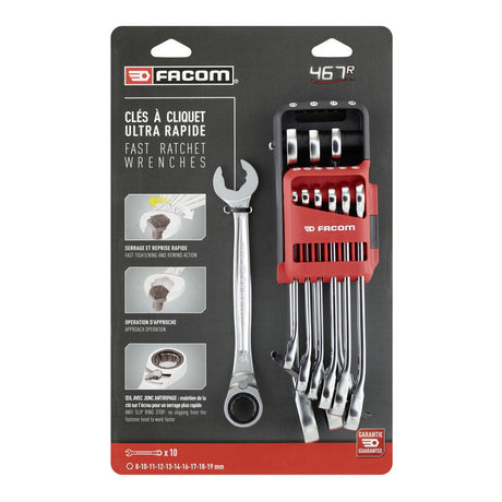 Coffret de clés à cliquet Facom, type outil à main, couleur argent et rouge.