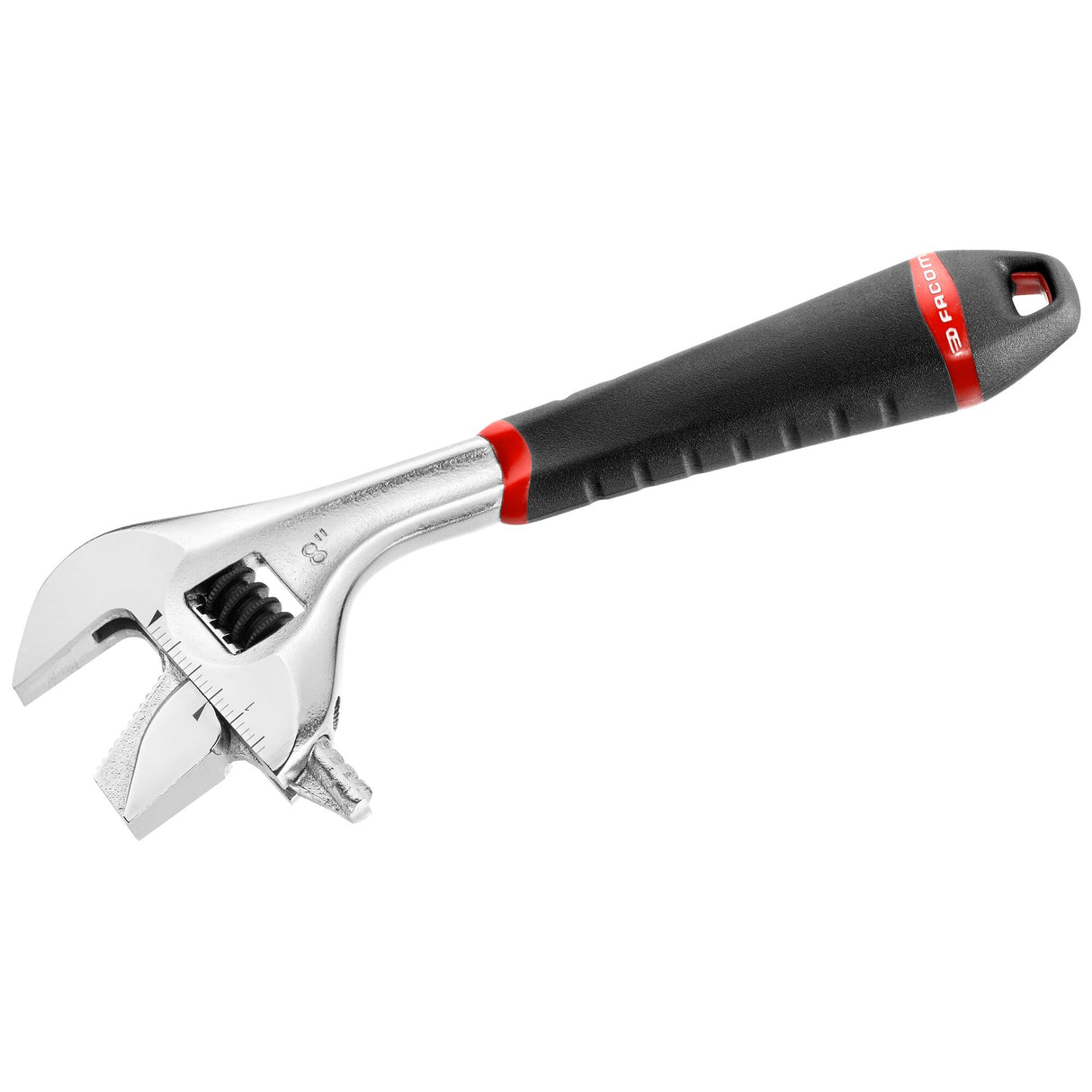 Clé à molette Facom, outil réglable, couleur chrome et manche noir avec rouge