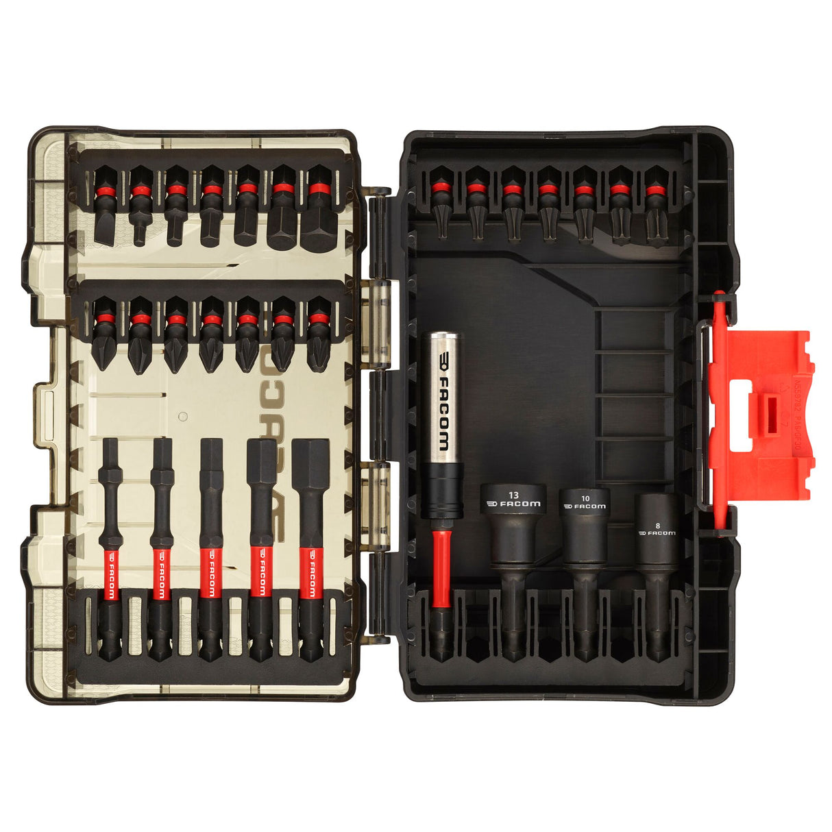 Coffret embouts Facom, outillage main, noir et rouge, vue ouverte avec accessoires.