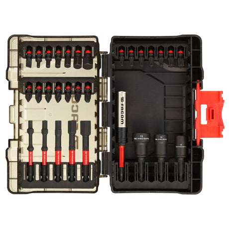 Coffret embouts Facom, outillage main, noir et rouge, vue ouverte avec accessoires.