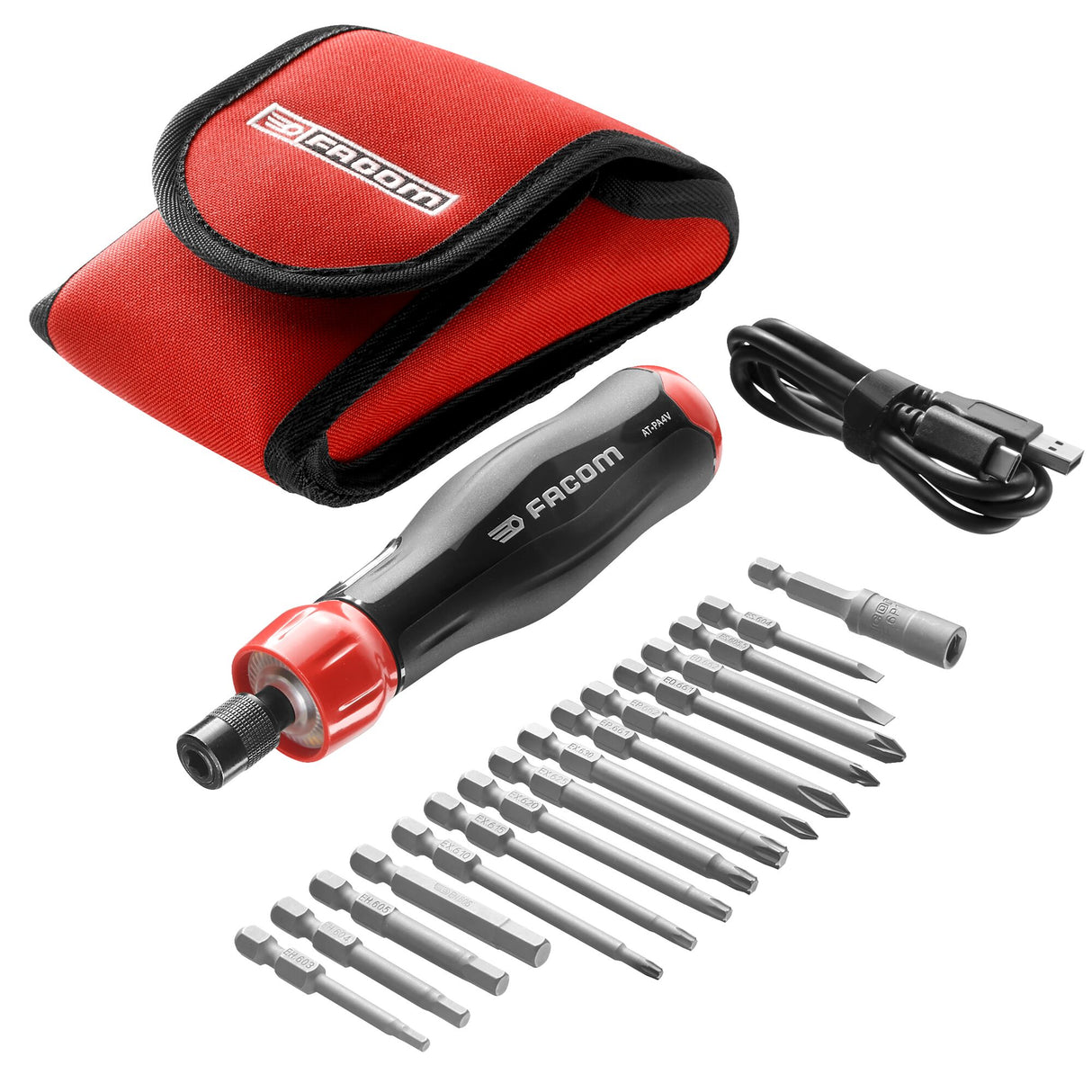 Tournevis électrique Facom noir et rouge avec embouts, câble USB et pochette rouge