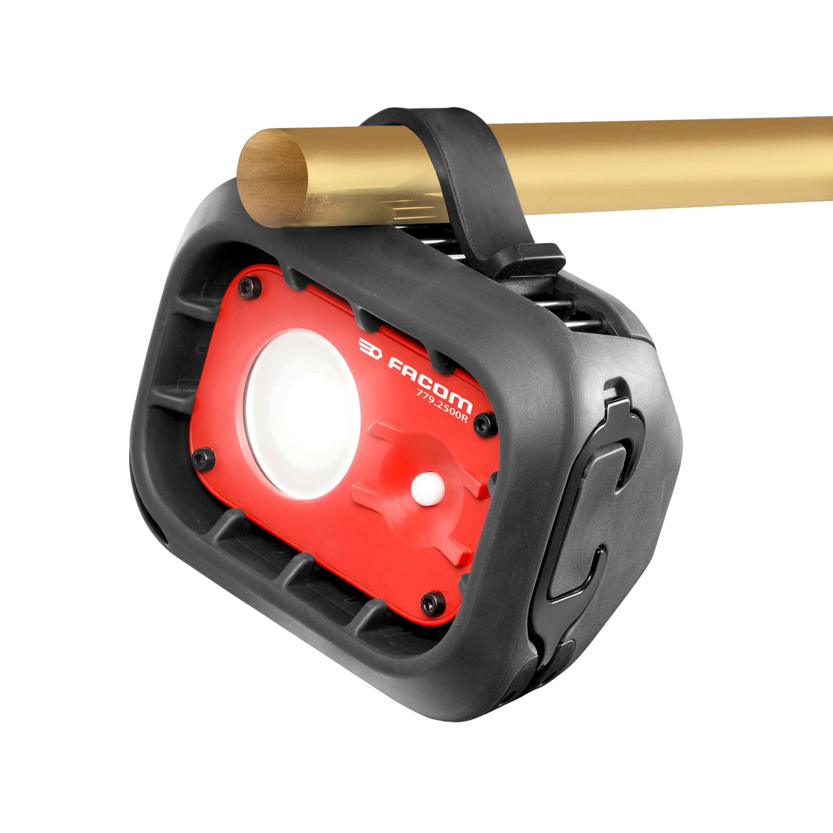 Projecteur LED Facom, lampe de chantier rouge et noir, accroché à une barre