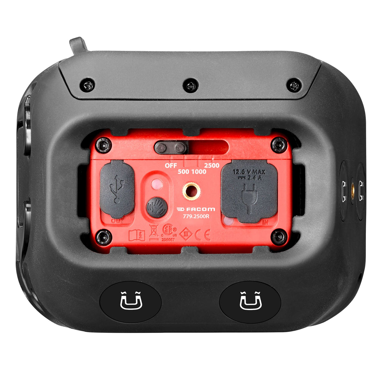 Projecteur portable Facom, outil électroportatif noir et rouge, vue de la base, ports USB apparents.