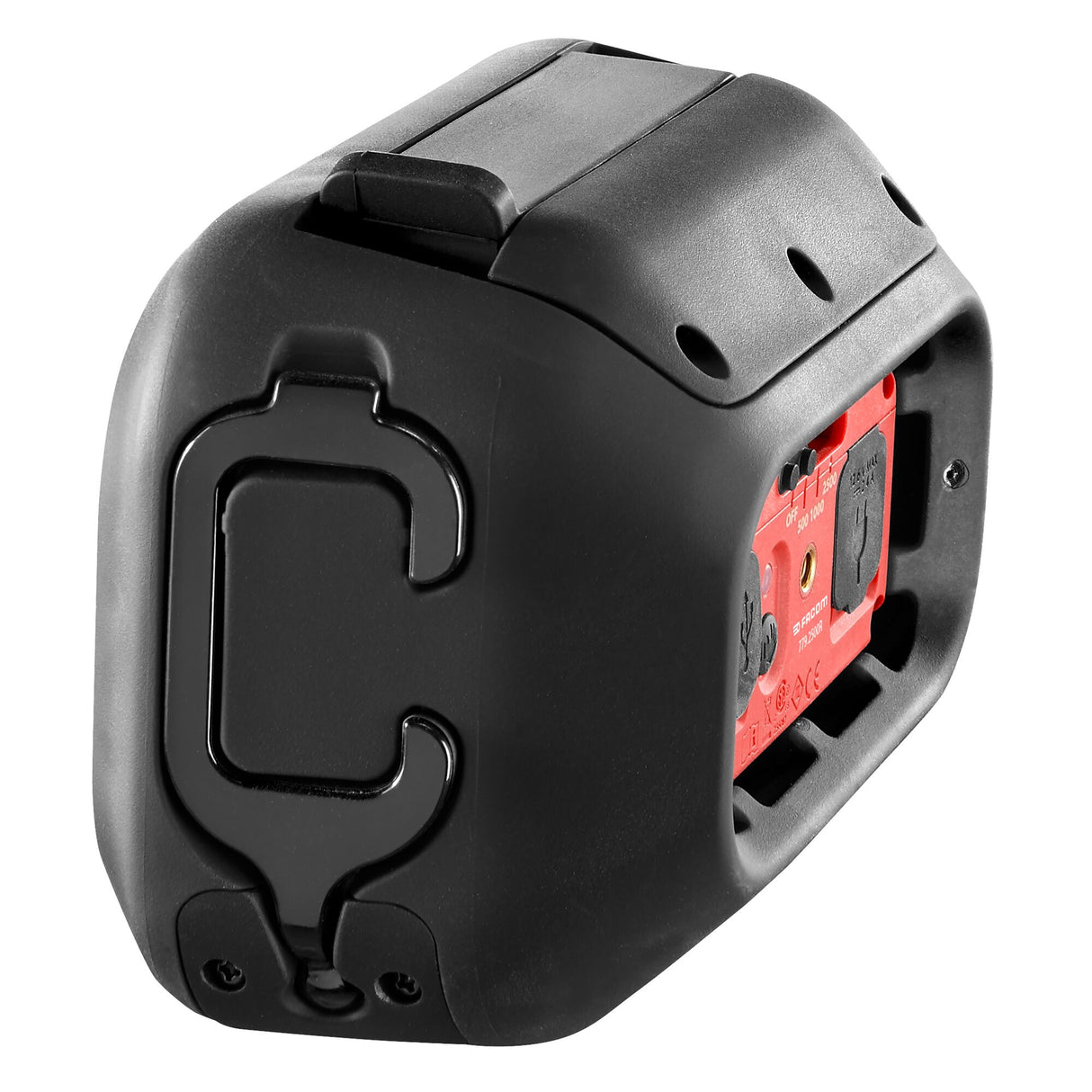 Niveau laser Facom, outil de mesure noir et rouge, avec clip ceinture intégré.