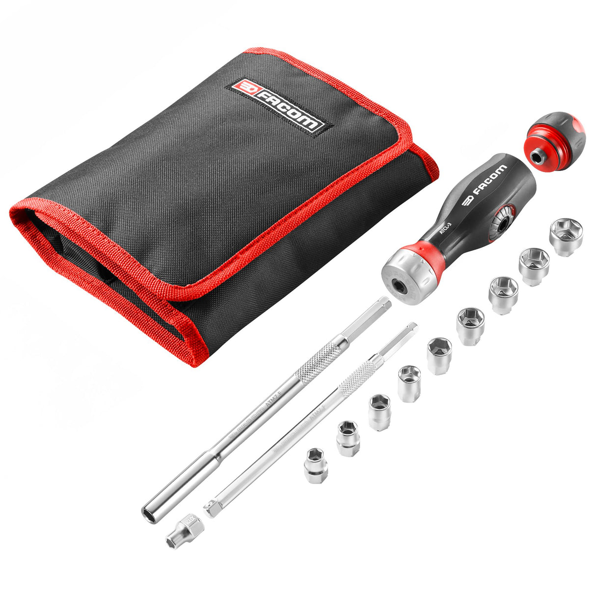 Coffret cliquet Facom noir et rouge, set d’outils métalliques avec poignée et douilles.
