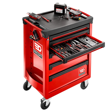 Servante d'atelier Facom rouge avec tiroirs ouverts et outils visibles