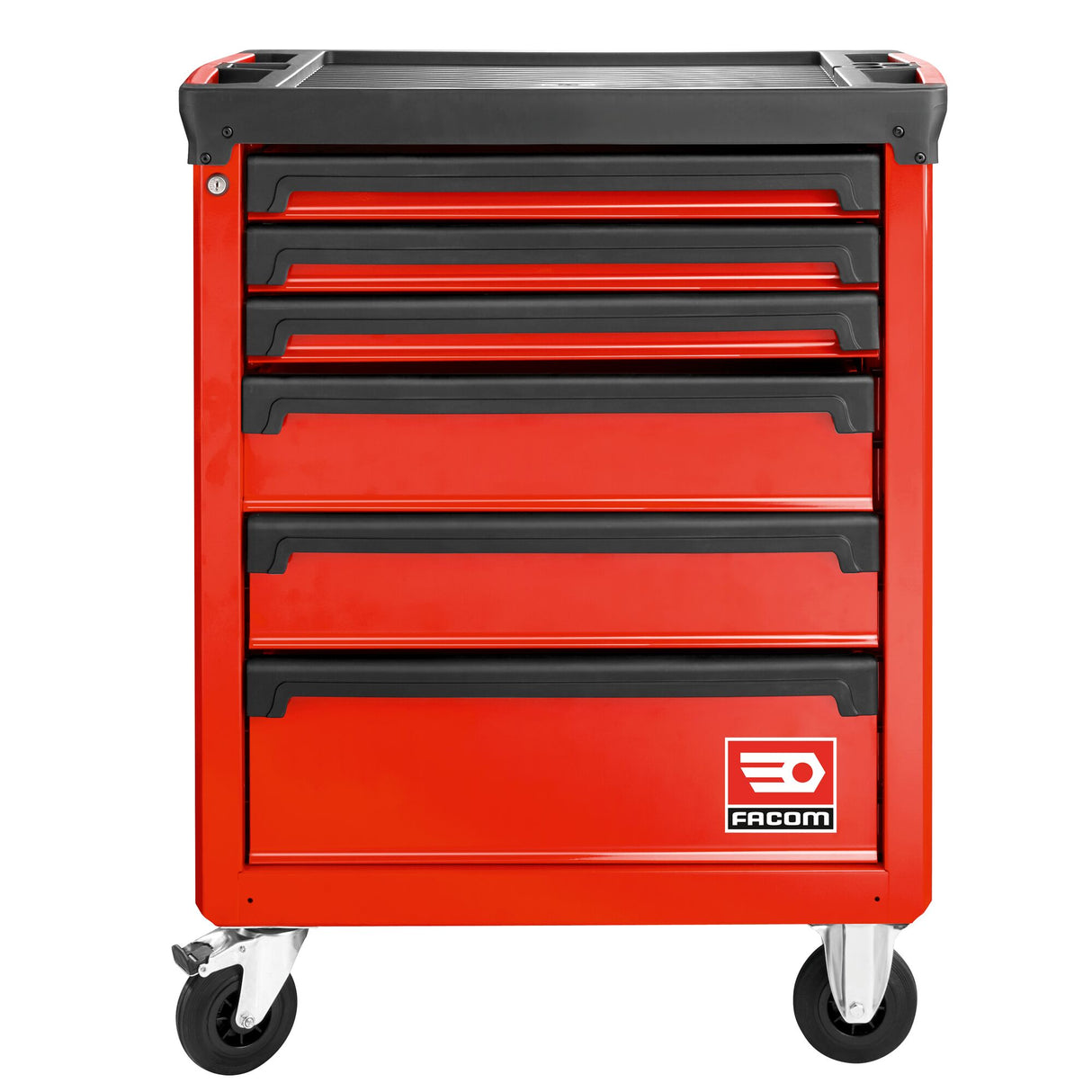 Servante d’atelier Facom rouge à roulettes avec plusieurs tiroirs.
