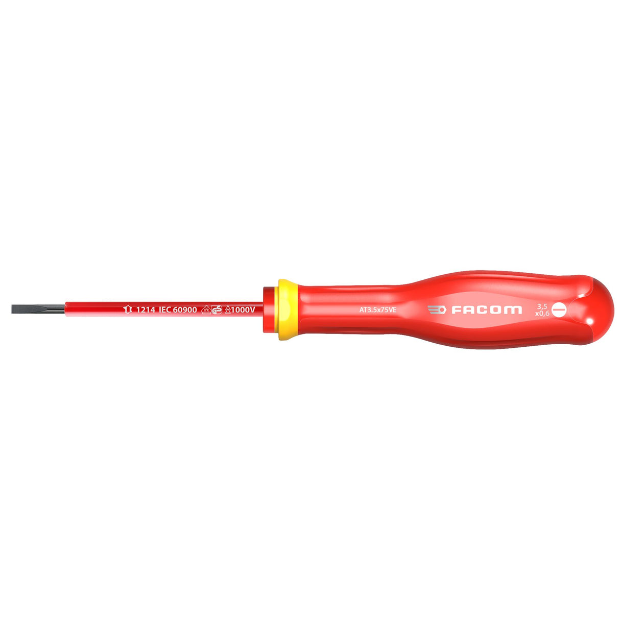 Tournevis isolé Facom, type plat, couleur rouge, manche ergonomique.