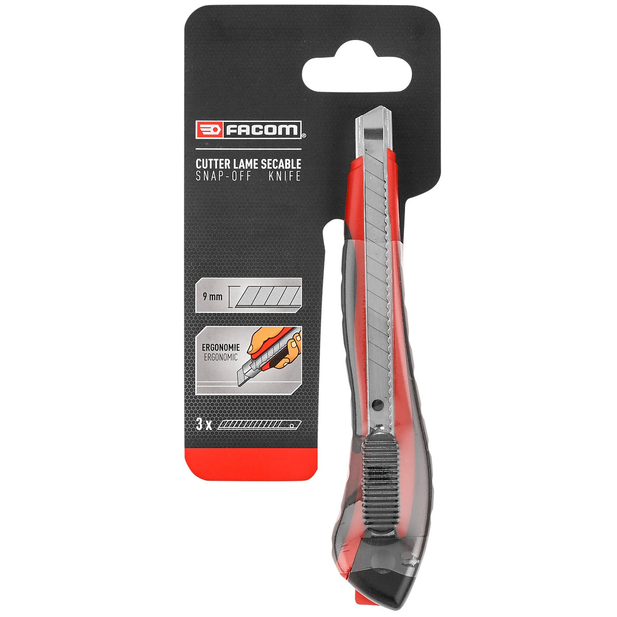 Cutter lame sécable Facom rouge et gris, outil de découpe ergonomique 9 mm.