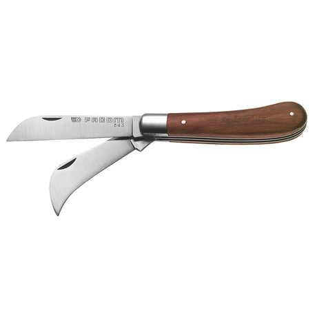 Couteau de poche Facom, manche bois marron, deux lames inox visibles.