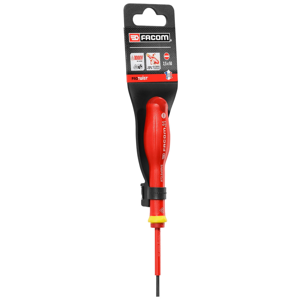 Tournevis isolé Facom rouge, outil électrique, manche ergonomique, sécurité 1000V.